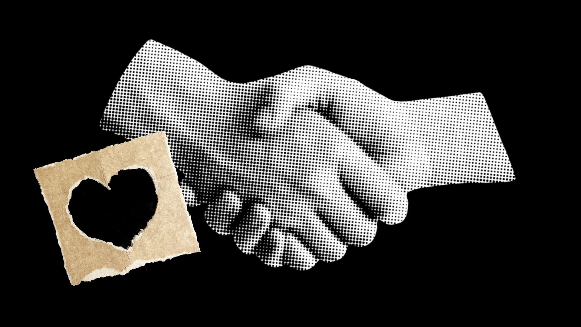 Two hands shaking with a torn paper heart