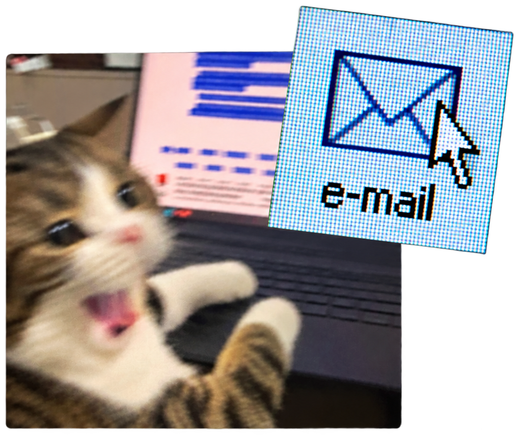 A blurry cat shouting at a laptop with a pixelated e-mail icon and cursor above the keyboard